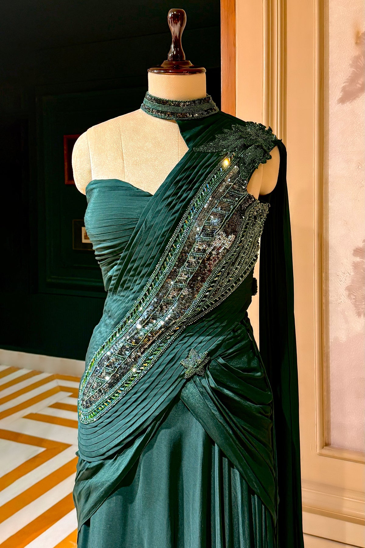Bottle Green Chinon Silk Indo Western Set