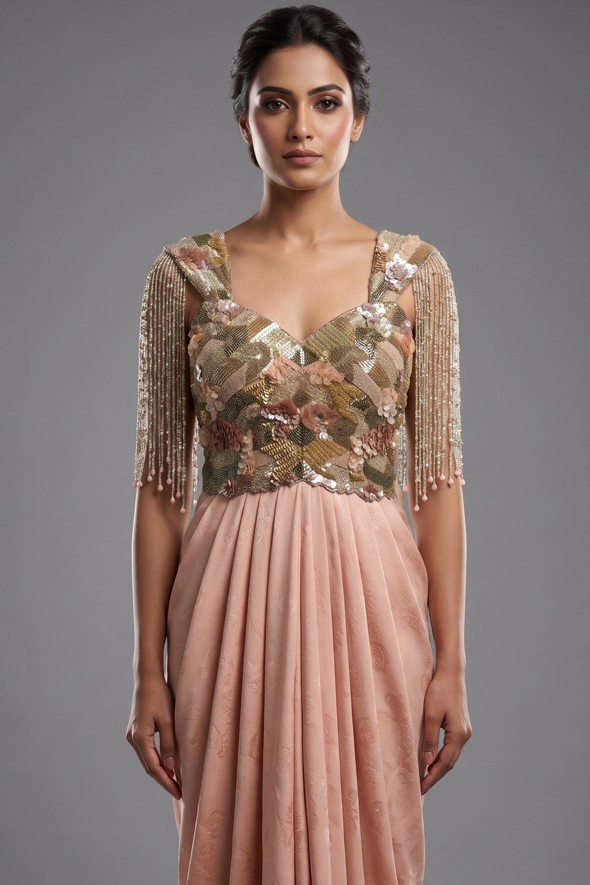 Pink Improted Sequin Cutdana Worked Fusion Gown