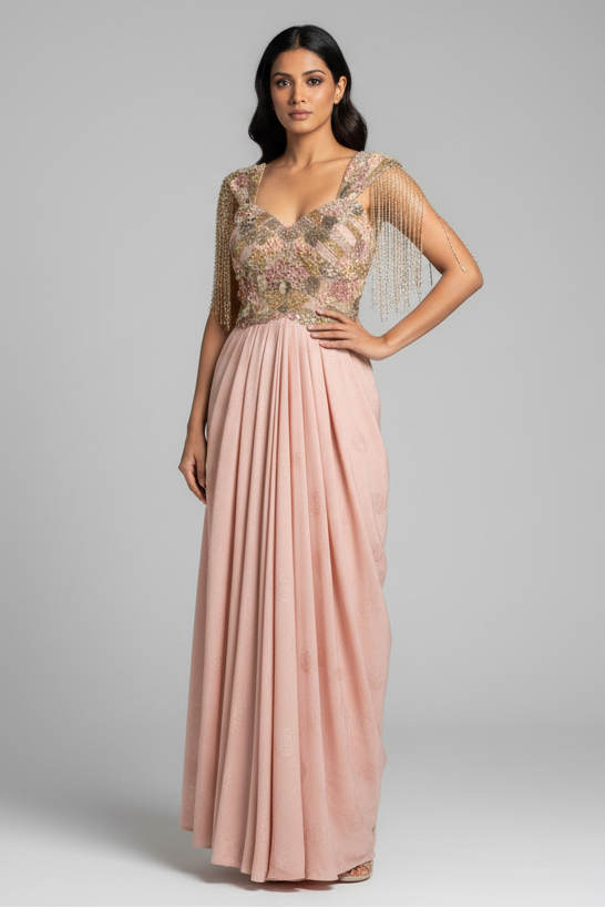 Pink Improted Sequin Cutdana Worked Fusion Gown