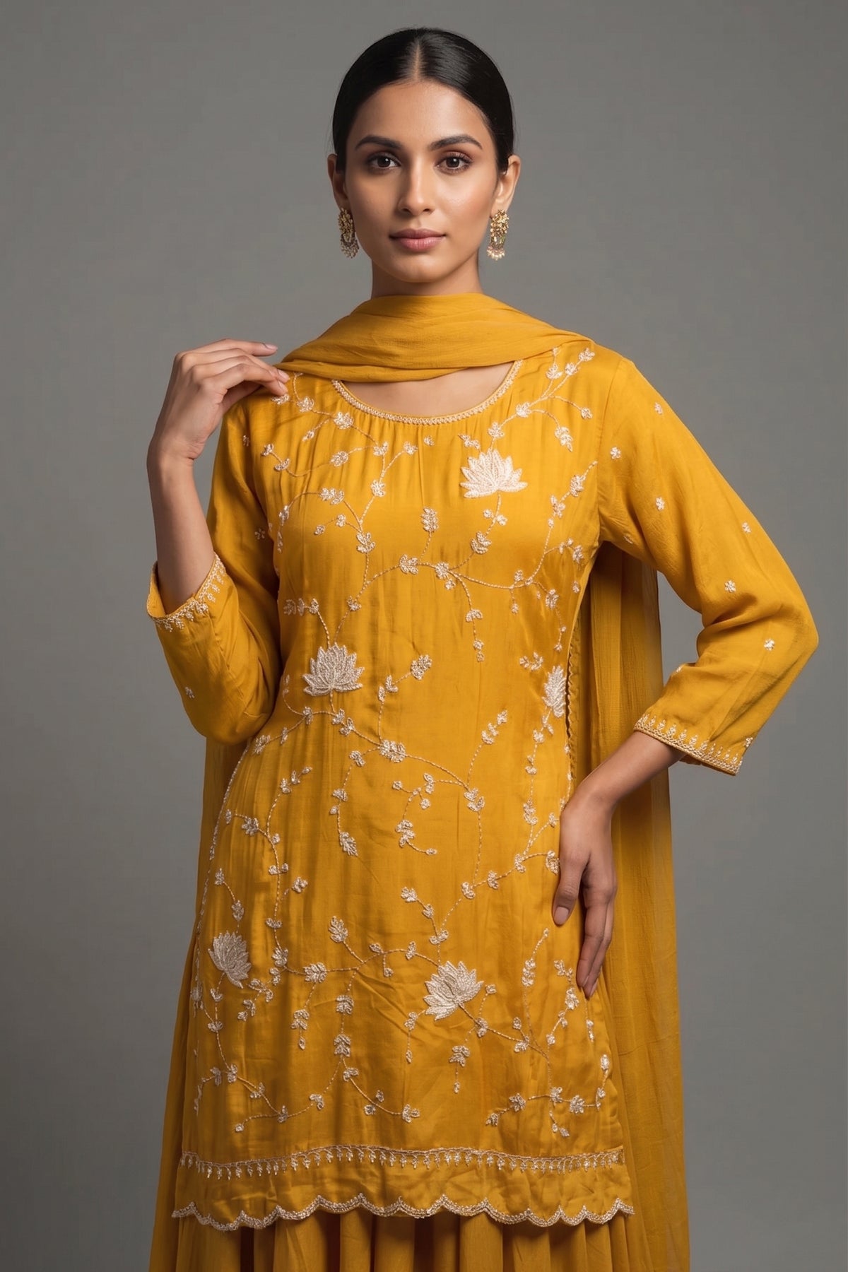 Mustard Satin Organza Gota Worked Lehenga Suit