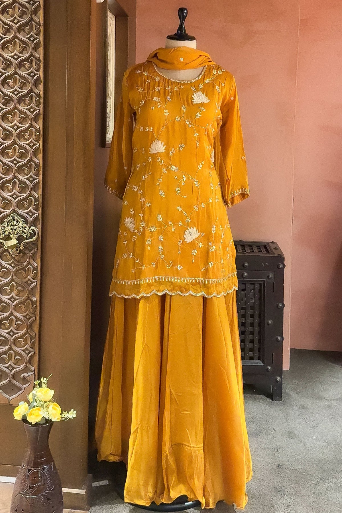 Mustard Satin Organza Gota Worked Lehenga Suit