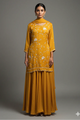 Mustard Satin Organza Gota Worked Lehenga Suit