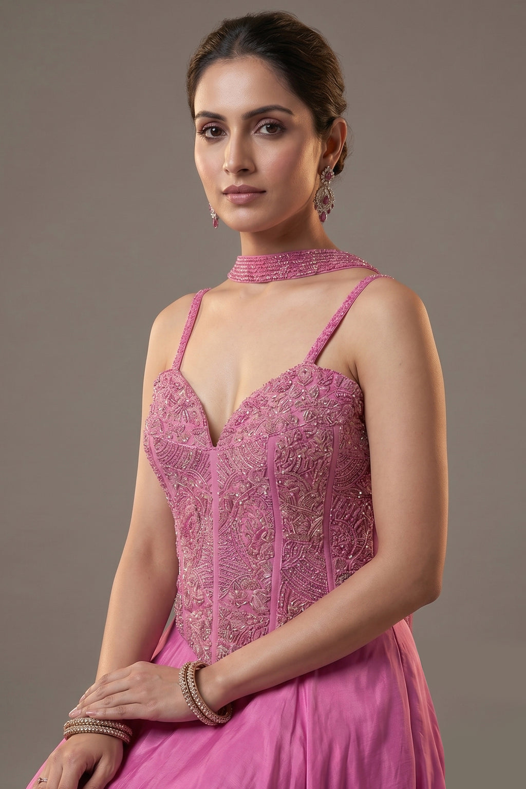 Mauve Pink Net Beaded and Cutdana Worked Corset Palazzo Set