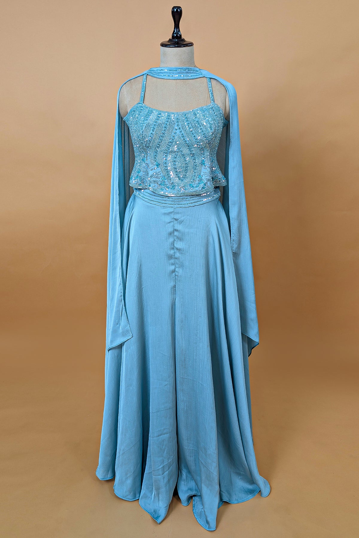 Blue Chinon Sequinned Peplum Style Crop Top Palazzo Set