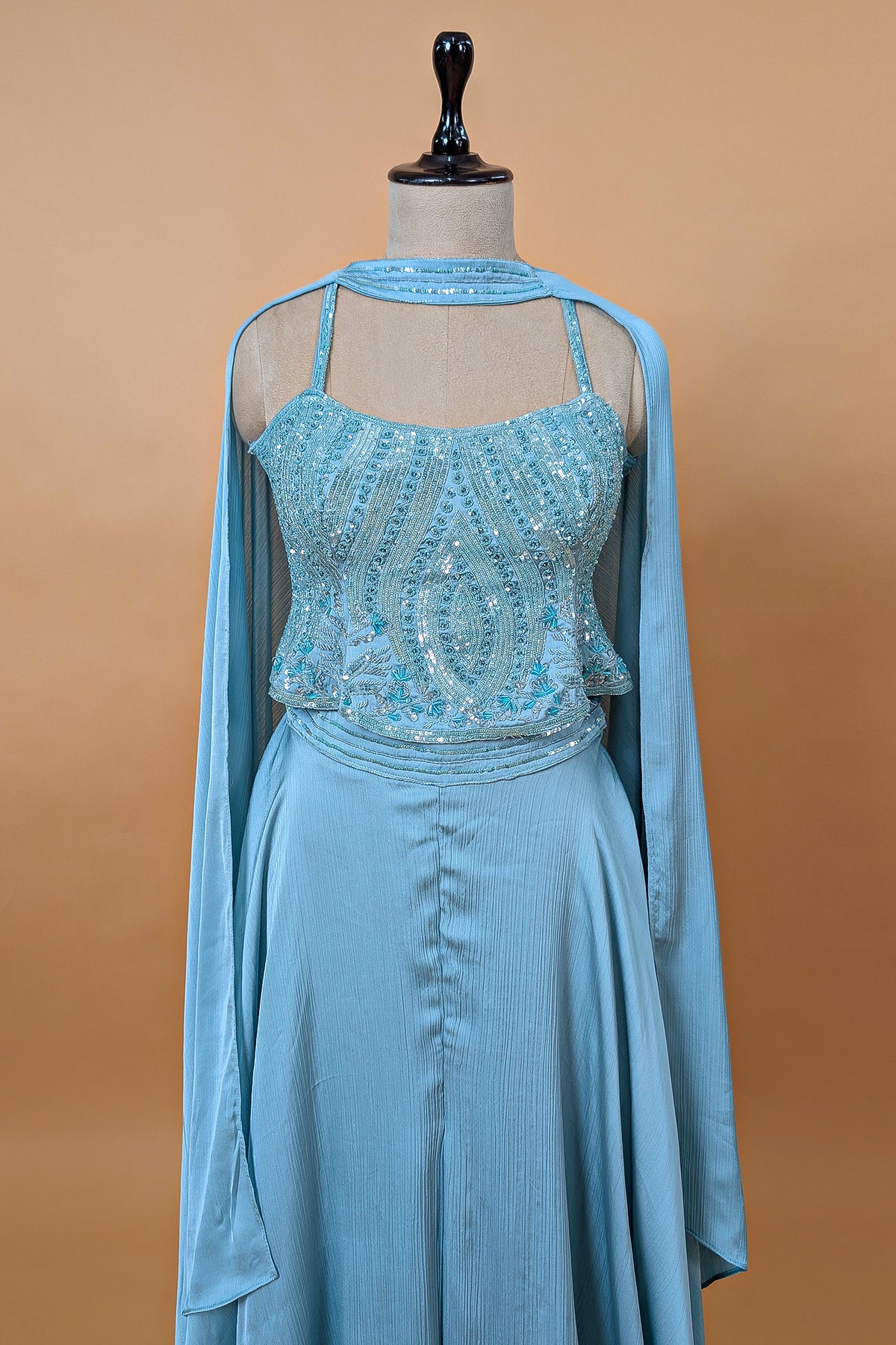 Blue Chinon Sequinned Peplum Style Crop Top Palazzo Set