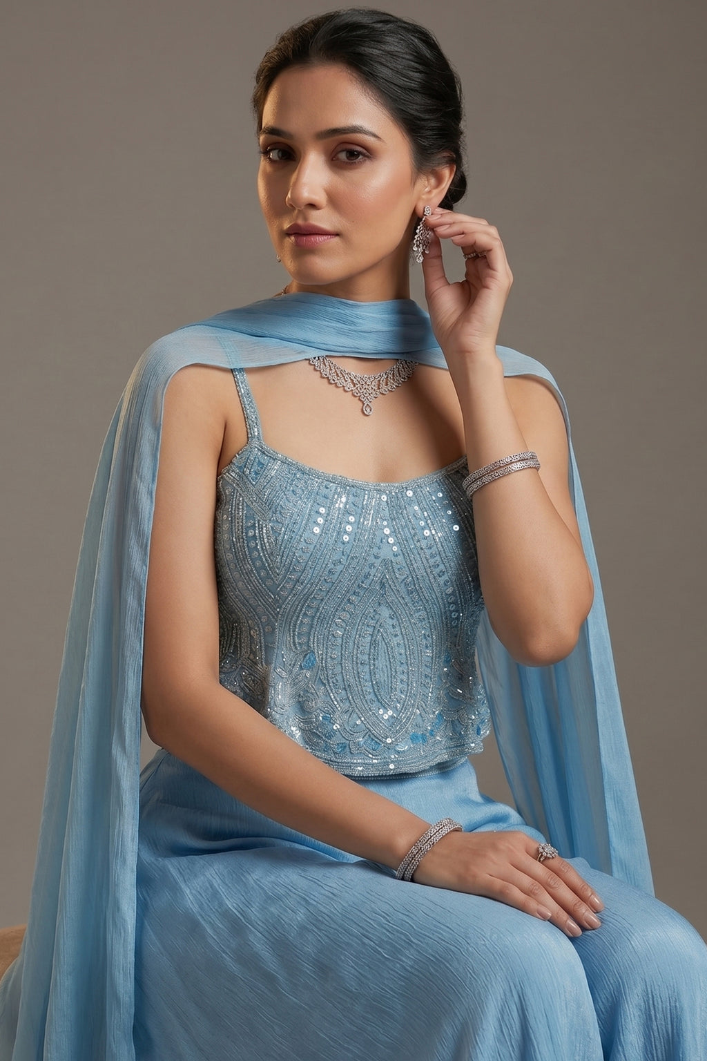 Blue Chinon Sequinned Peplum Style Crop Top Palazzo Set