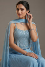 Blue Chinon Sequinned Peplum Style Crop Top Palazzo Set