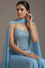 Blue Chinon Sequinned Peplum Style Crop Top Palazzo Set