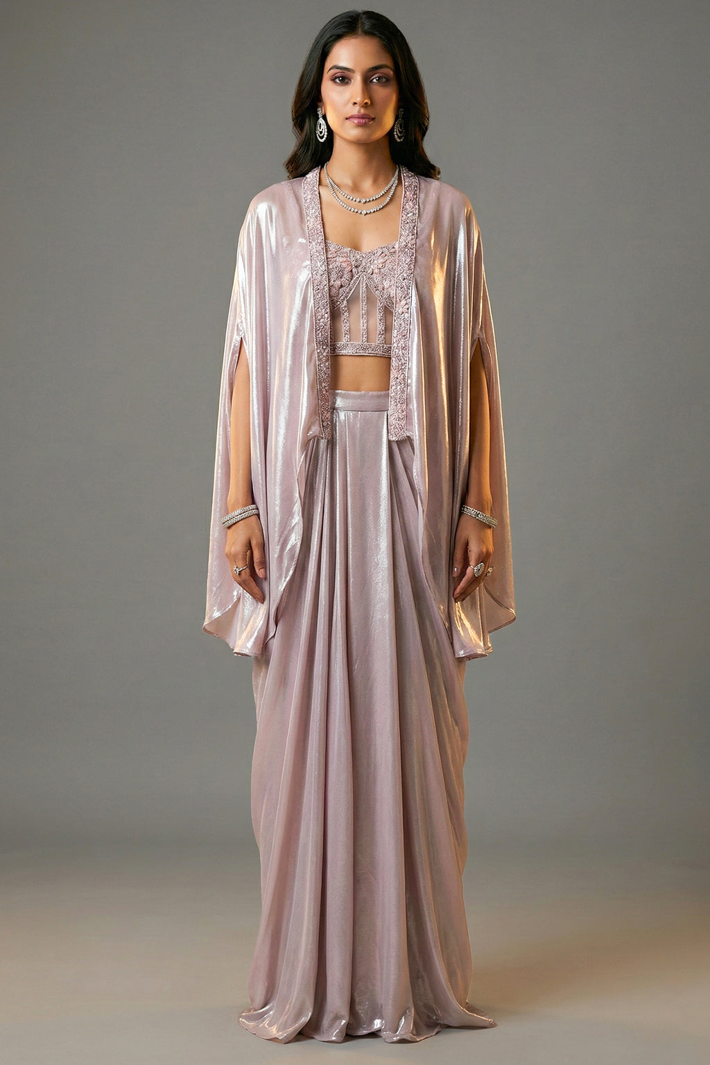 Pink Net Beaded and Sequin Worked Corset Skirt Set with Cape Jacket