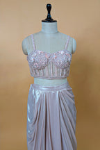 Pink Net Beaded and Sequin Worked Corset Skirt Set with Cape Jacket