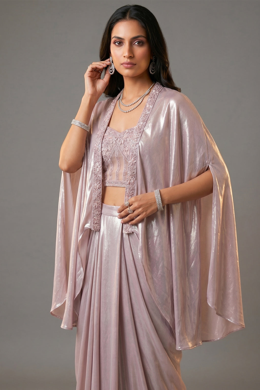 Pink Net Beaded and Sequin Worked Corset Skirt Set with Cape Jacket