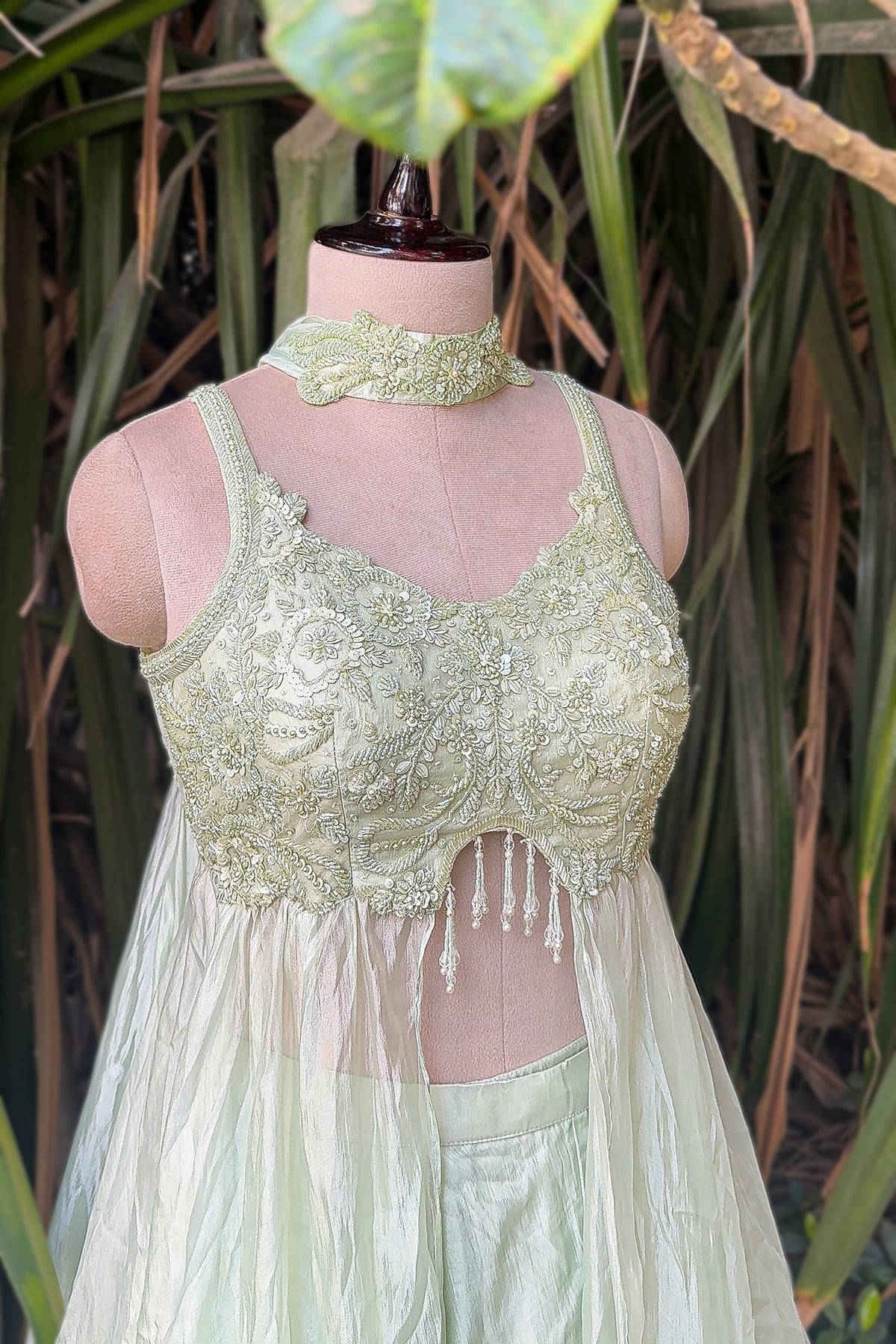 Mint Green Soft Organza Silk Sequin Cutdana worked High Slit Cut Palazzo Suit