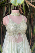 Mint Green Soft Organza Silk Sequin Cutdana worked High Slit Cut Palazzo Suit
