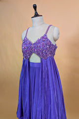 Purple Crepe Net Silk Sequin Beaded High Slit Cut Palazzo Suit
