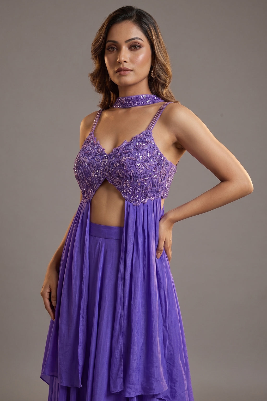 Purple Crepe Net Silk Sequin Beaded High Slit Cut Palazzo Suit