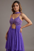 Purple Crepe Net Silk Sequin Beaded High Slit Cut Palazzo Suit