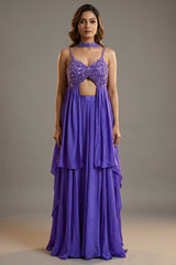 Purple Crepe Net Silk Sequin Beaded High Slit Cut Palazzo Suit