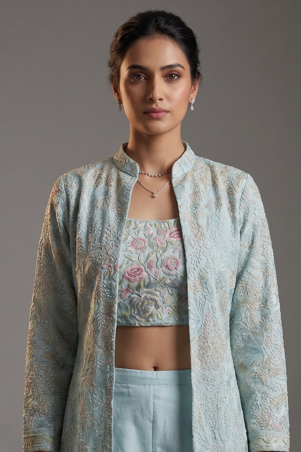 Light Blue Organza Sequin Embroidered Crop Top Palazzo Set with Jacket