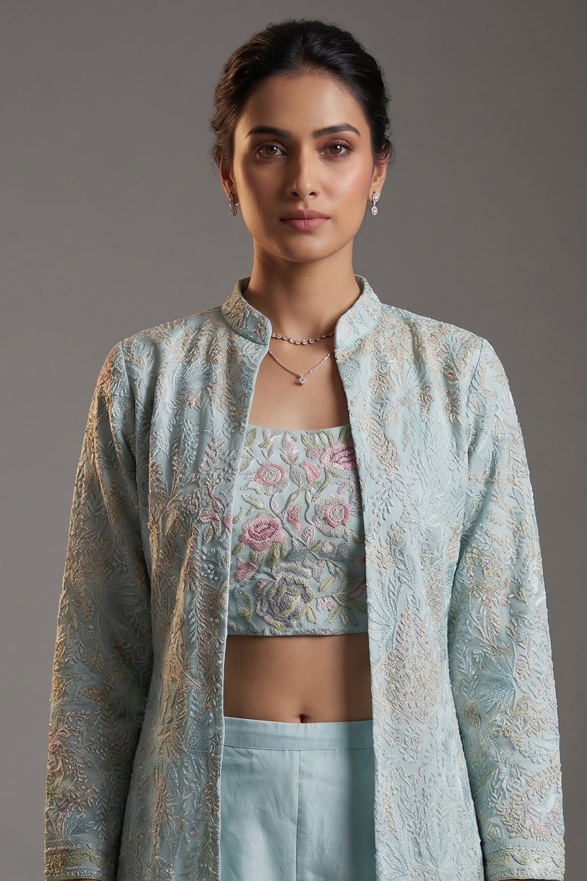 Light Blue Organza Sequin Embroidered Crop Top Palazzo Set with Jacket