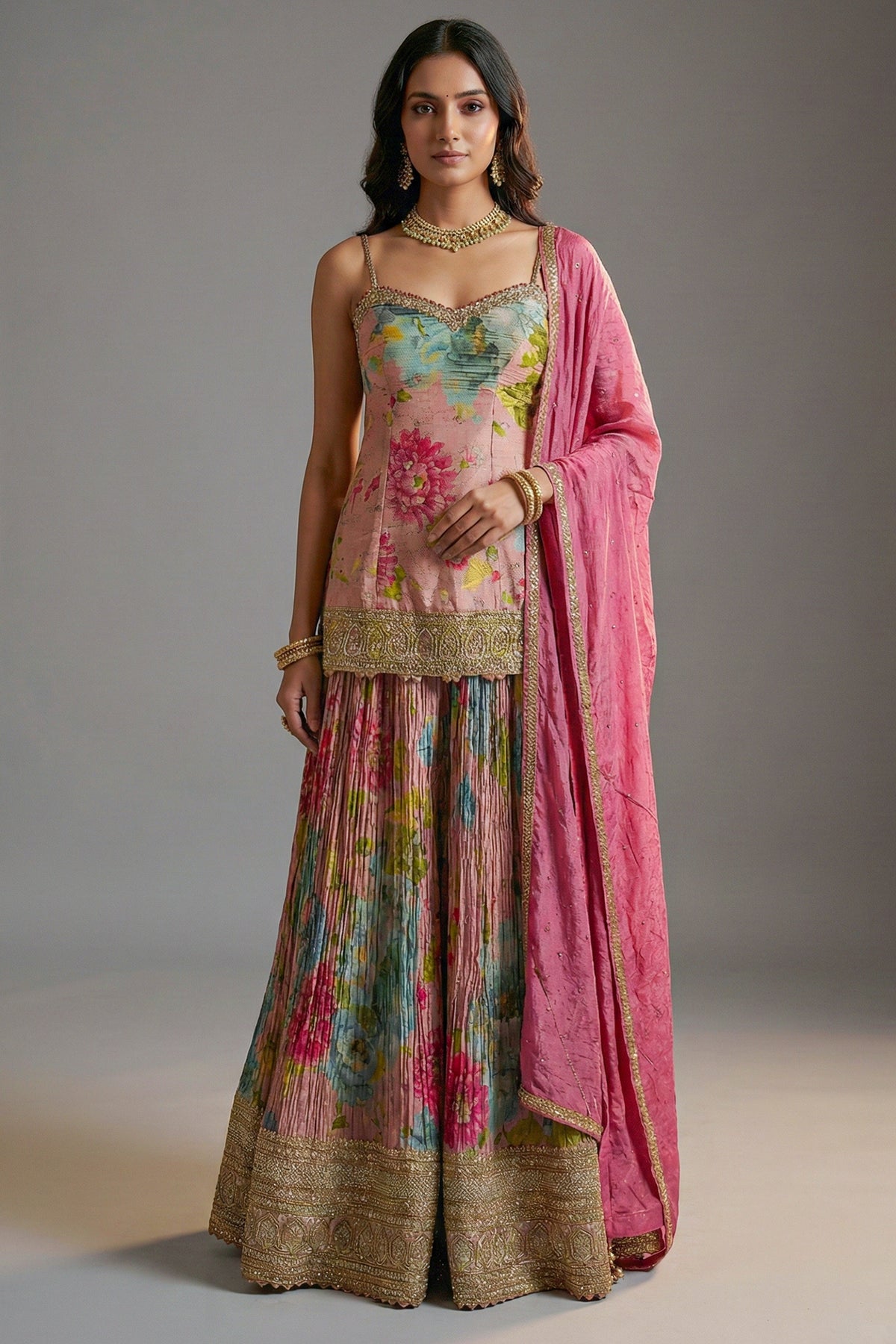 Multi Colored Tissue Silk Floral Printed Palazzo Suit