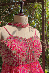 Pink Crepe Satin Silk Printed Slit Cut Sharara Suit with Cutdana Bodice