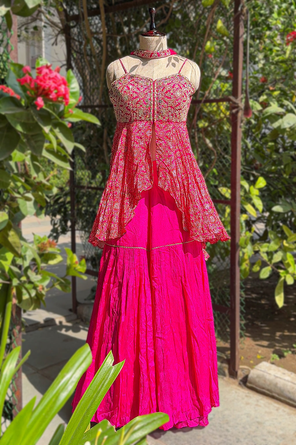 Pink Crepe Satin Silk Printed Slit Cut Sharara Suit with Cutdana Bodice