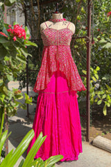 Pink Crepe Satin Silk Printed Slit Cut Sharara Suit with Cutdana Bodice