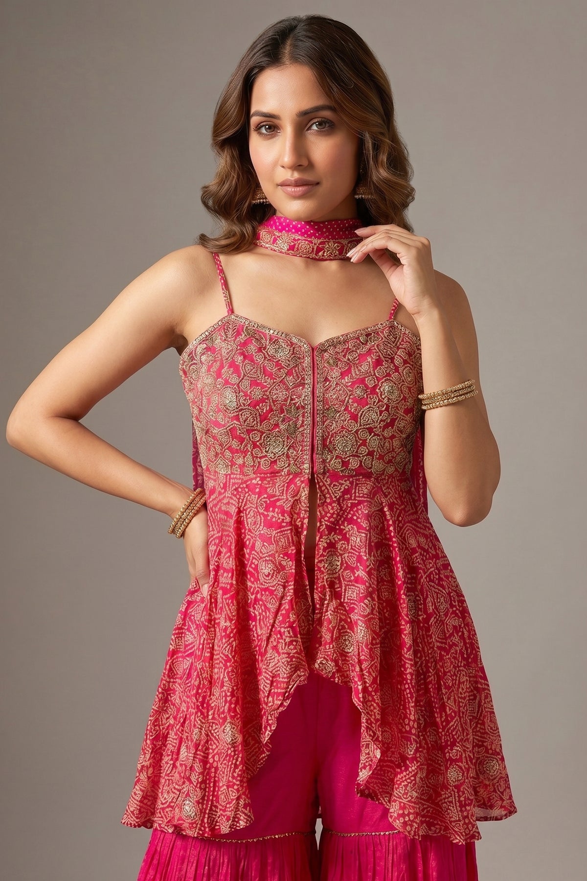 Pink Crepe Satin Silk Printed Slit Cut Sharara Suit with Cutdana Bodice