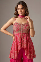 Pink Crepe Satin Silk Printed Slit Cut Sharara Suit with Cutdana Bodice