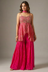 Pink Crepe Satin Silk Printed Slit Cut Sharara Suit with Cutdana Bodice
