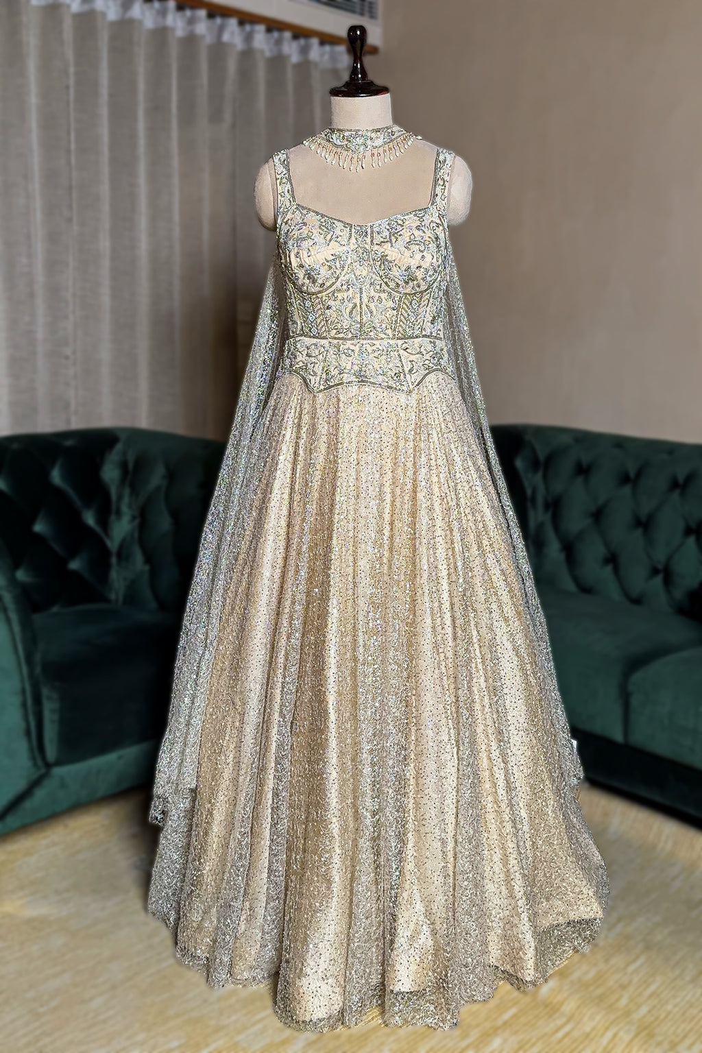 Cream Net Designer Sequinned Gown