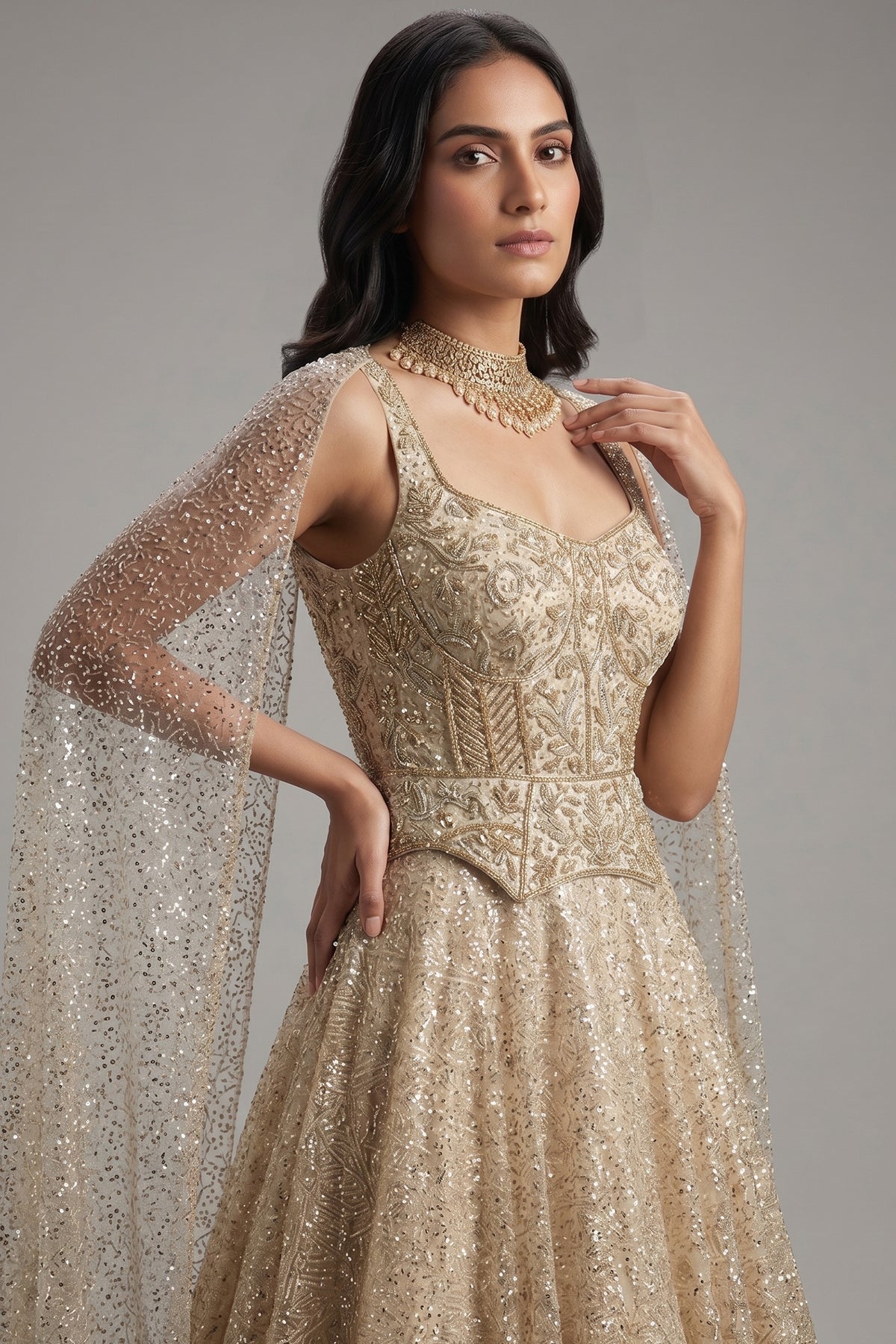 Cream Net Designer Sequinned Gown