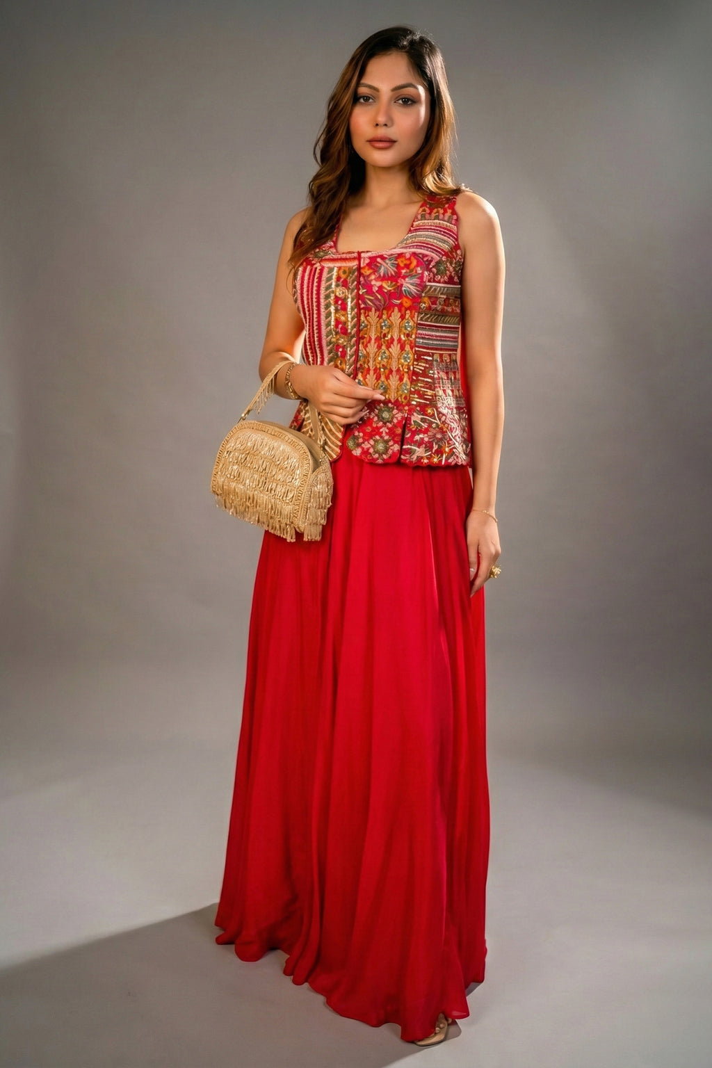 Fuschia Pink Silk Embroidered Top and Palazzo Set