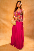 Fuschia Pink Silk Embroidered Top and Palazzo Set