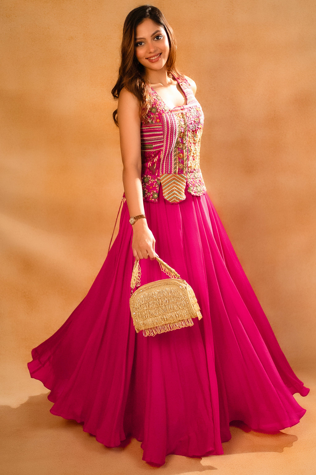 Fuschia Pink Silk Embroidered Top and Palazzo Set