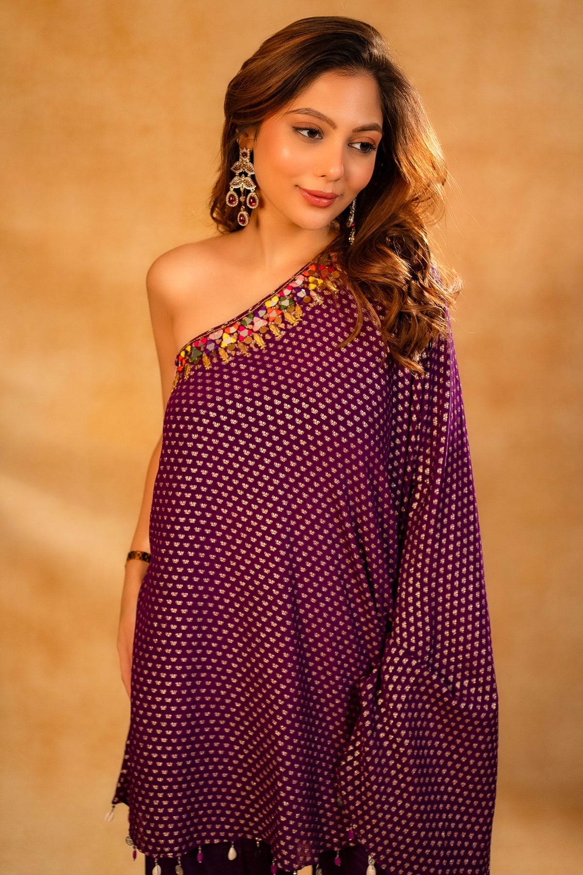Byzantium Purple Georgette One Shoulder Asymmetrical Palazzo Set with Mirror Work