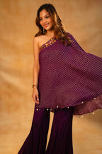 Byzantium Purple Georgette One Shoulder Asymmetrical Palazzo Set with Mirror Work
