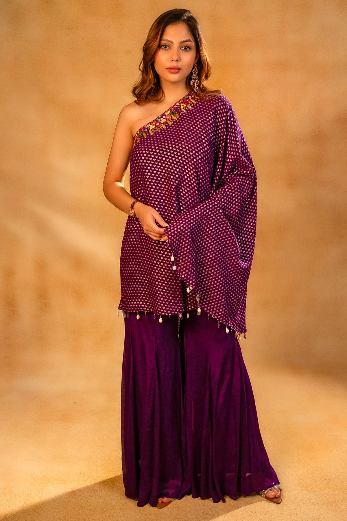 Byzantium Purple Georgette One Shoulder Asymmetrical Palazzo Set with Mirror Work