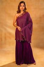 Byzantium Purple Georgette One Shoulder Asymmetrical Palazzo Set with Mirror Work