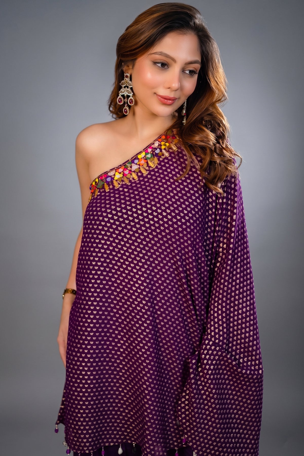 Byzantium Purple Georgette One Shoulder Asymmetrical Palazzo Set with Mirror Work