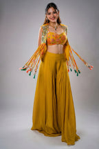 Yellow Organza Crop Top Palazzo Set with Mirror Worked Jacket