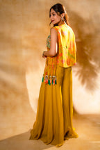 Yellow Organza Crop Top Palazzo Set with Mirror Worked Jacket