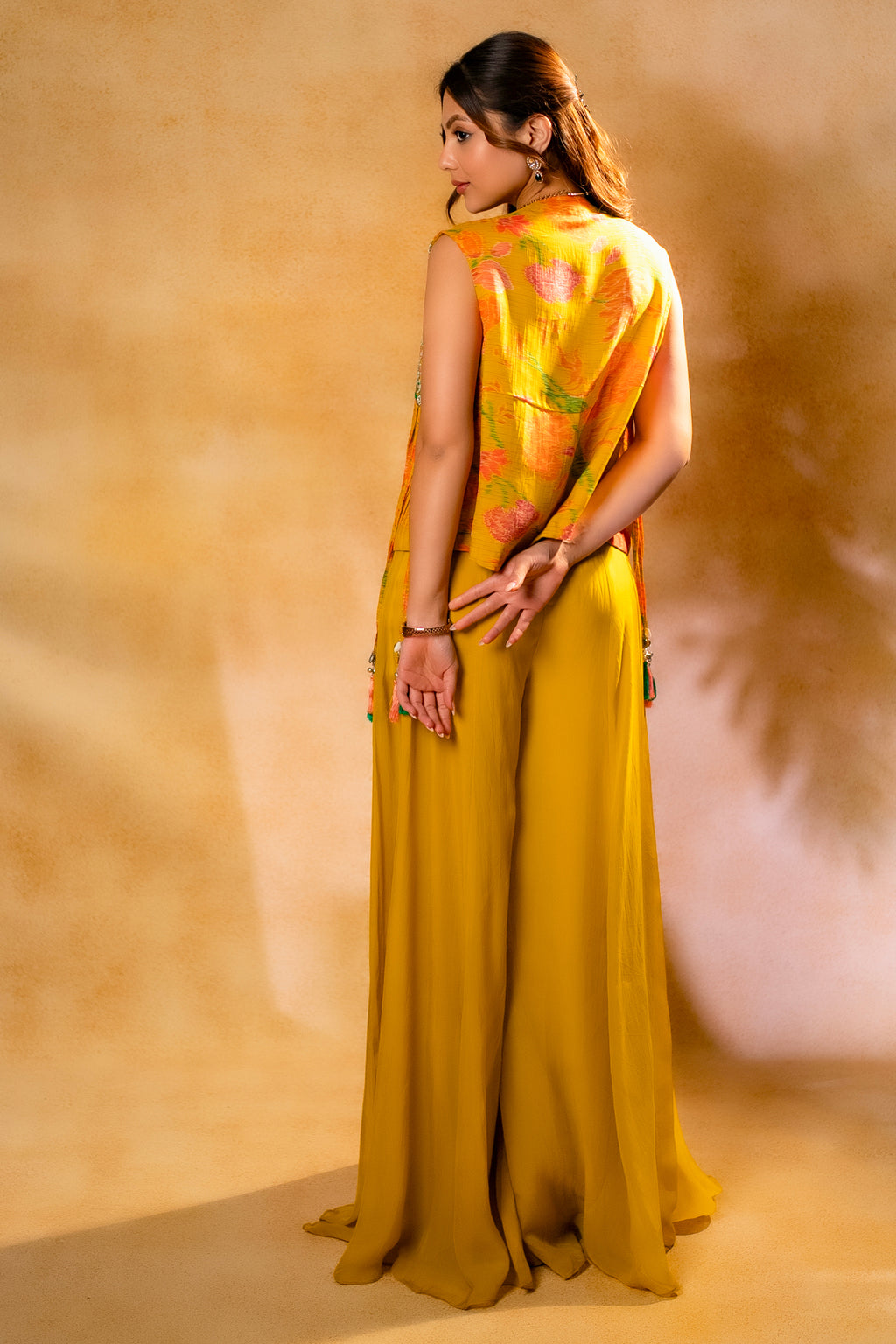 Yellow Organza Crop Top Palazzo Set with Mirror Worked Jacket