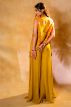 Yellow Organza Crop Top Palazzo Set with Mirror Worked Jacket