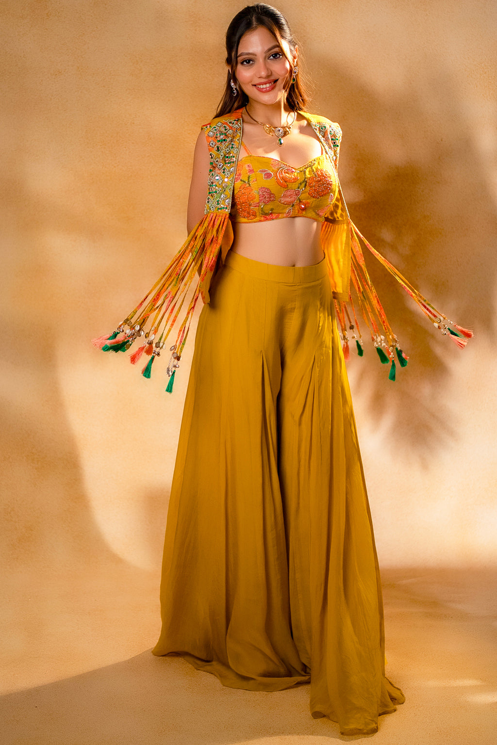 Yellow Organza Crop Top Palazzo Set with Mirror Worked Jacket