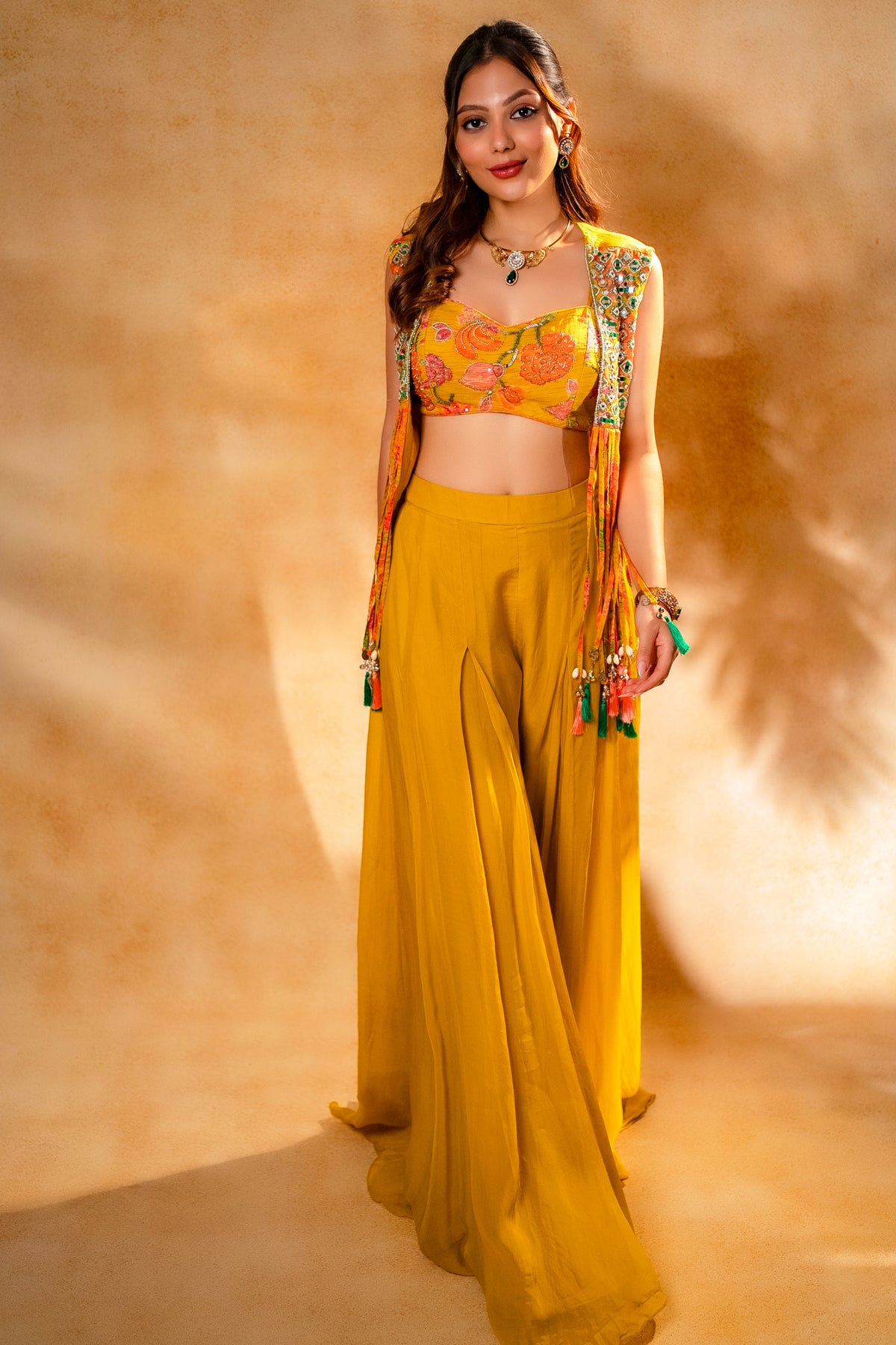 Yellow Organza Crop Top Palazzo Set with Mirror Worked Jacket