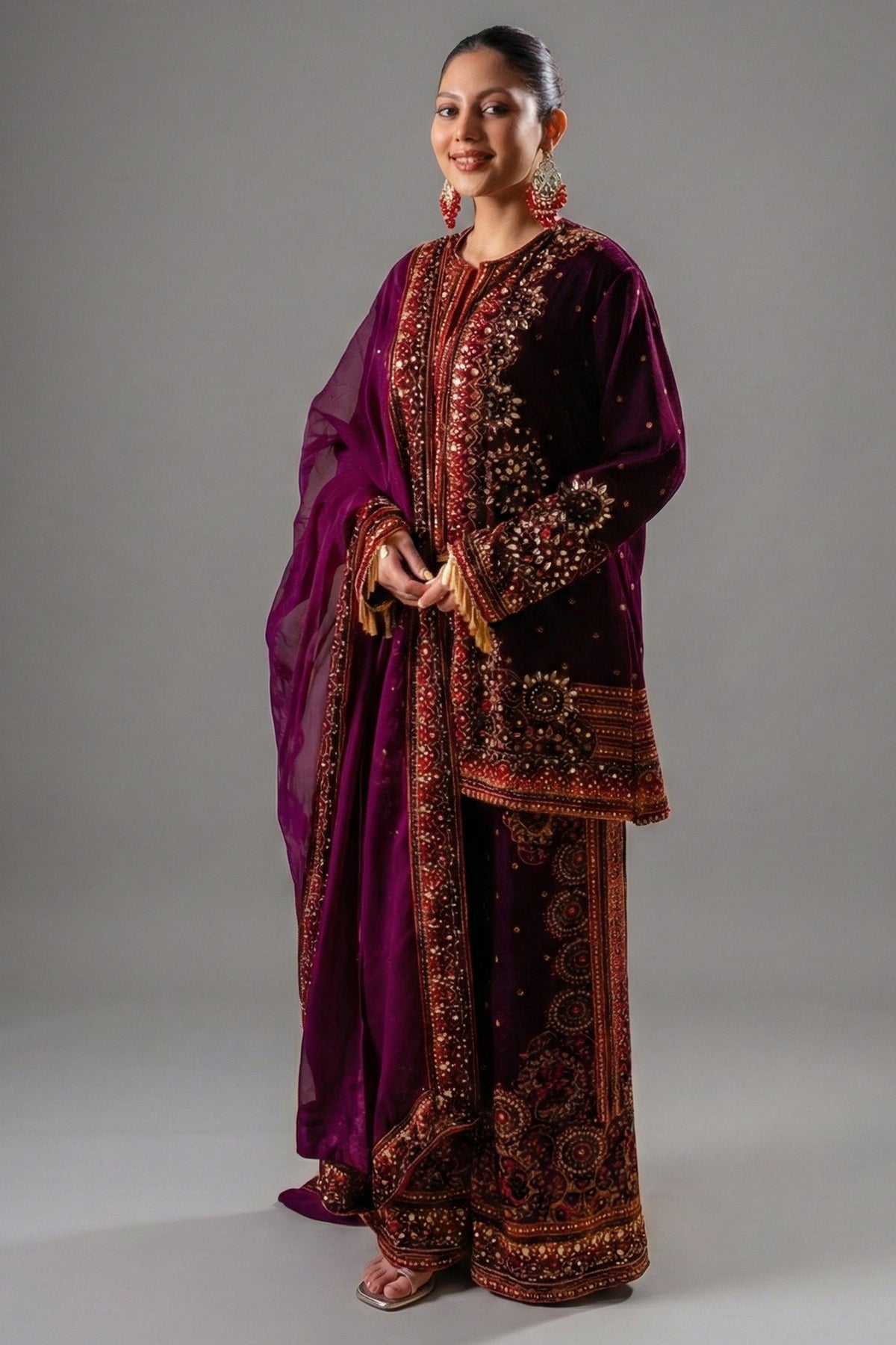 Dark Byzantium Velvet Printed and Sequinned Palazzo Suit