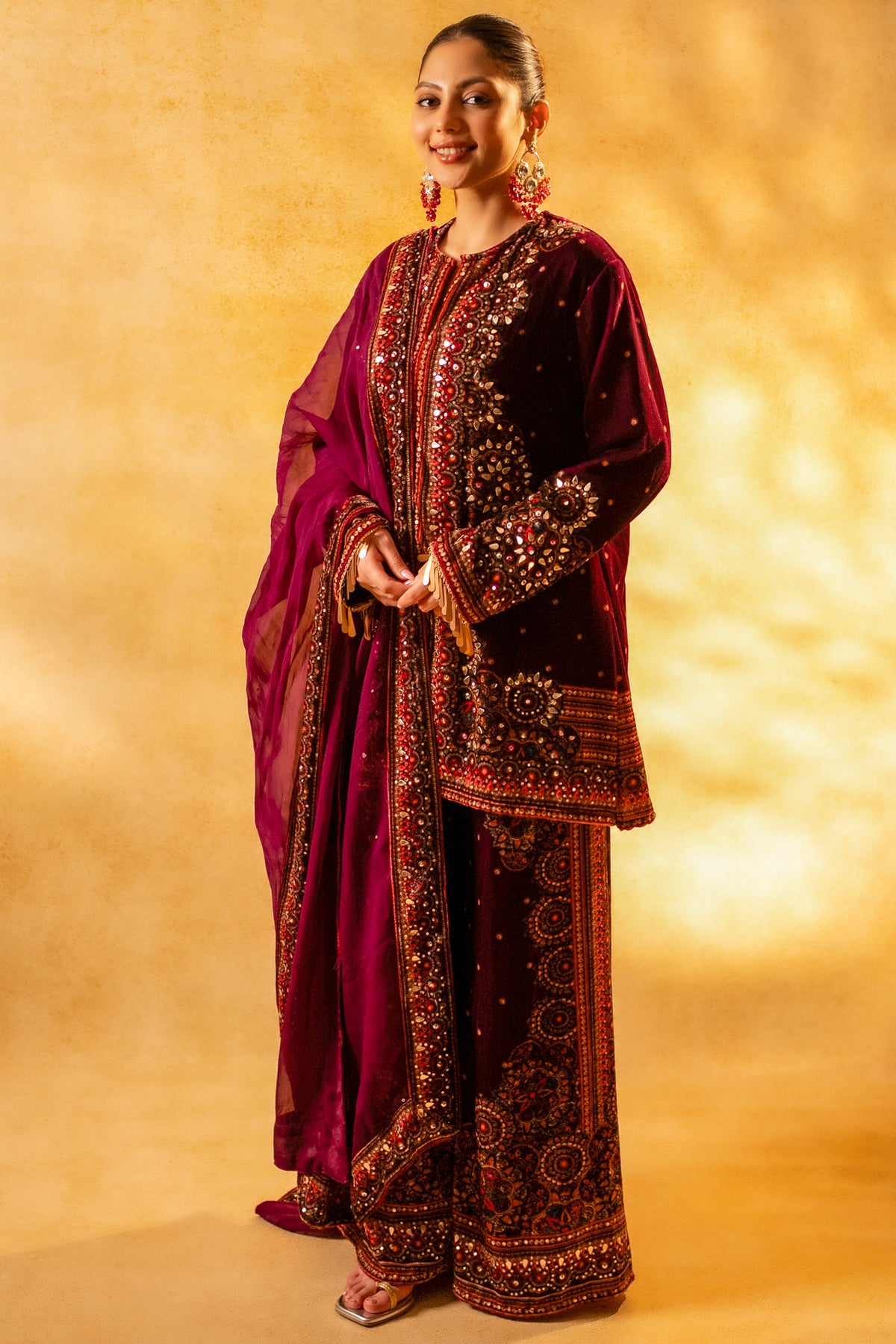 Dark Byzantium Velvet Printed and Sequinned Palazzo Suit