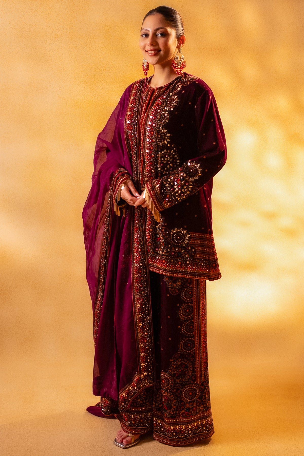Dark Byzantium Velvet Printed and Sequinned Palazzo Suit