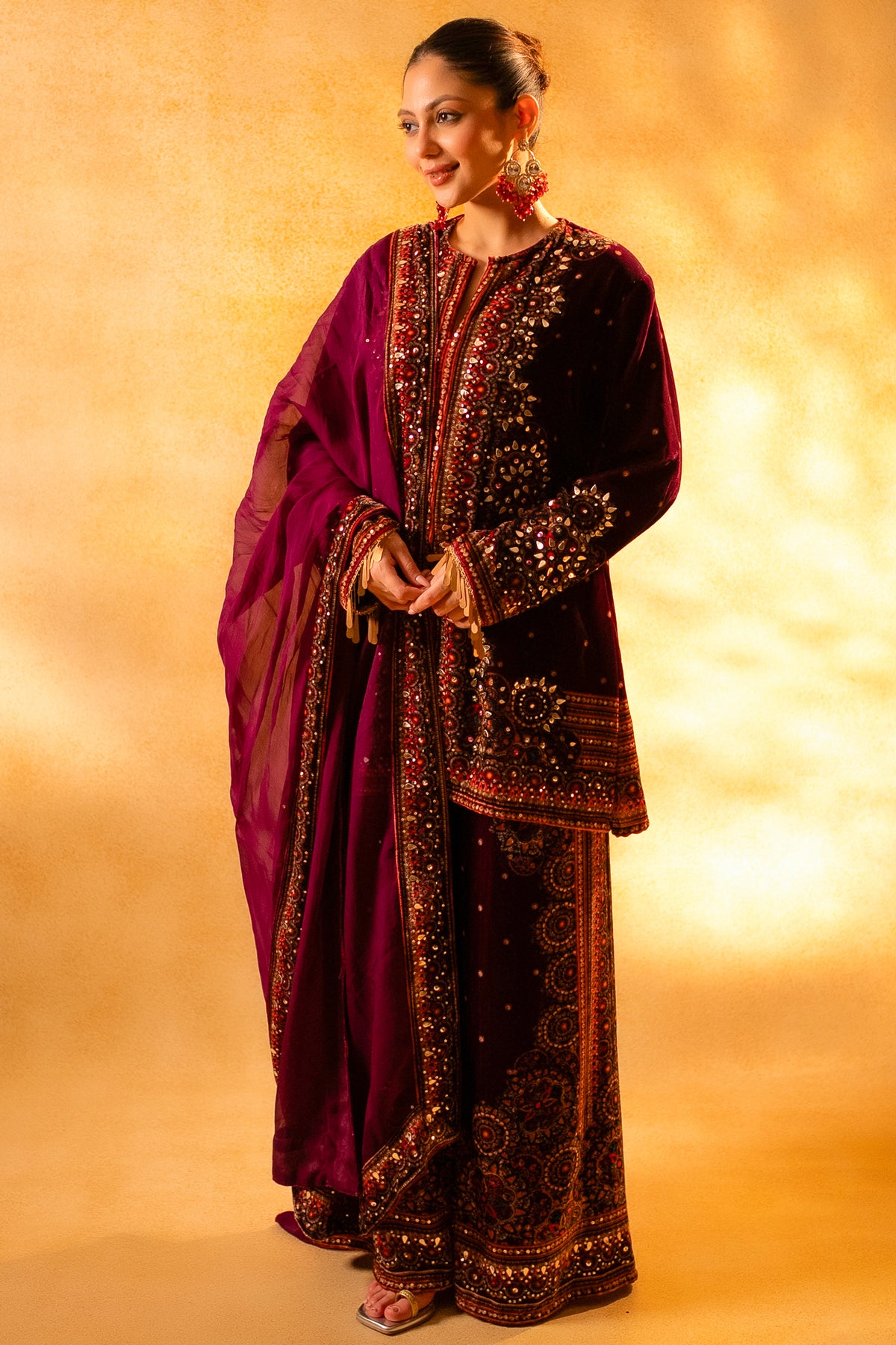 Dark Byzantium Velvet Printed and Sequinned Palazzo Suit